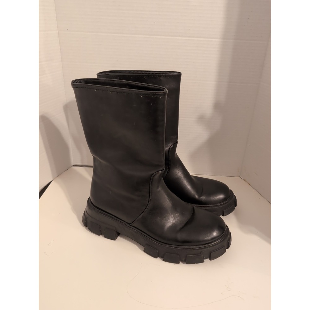 Black Chunky Heeled Moto‎ Grunge Y2K Combat Boots Faux Leather Size 9